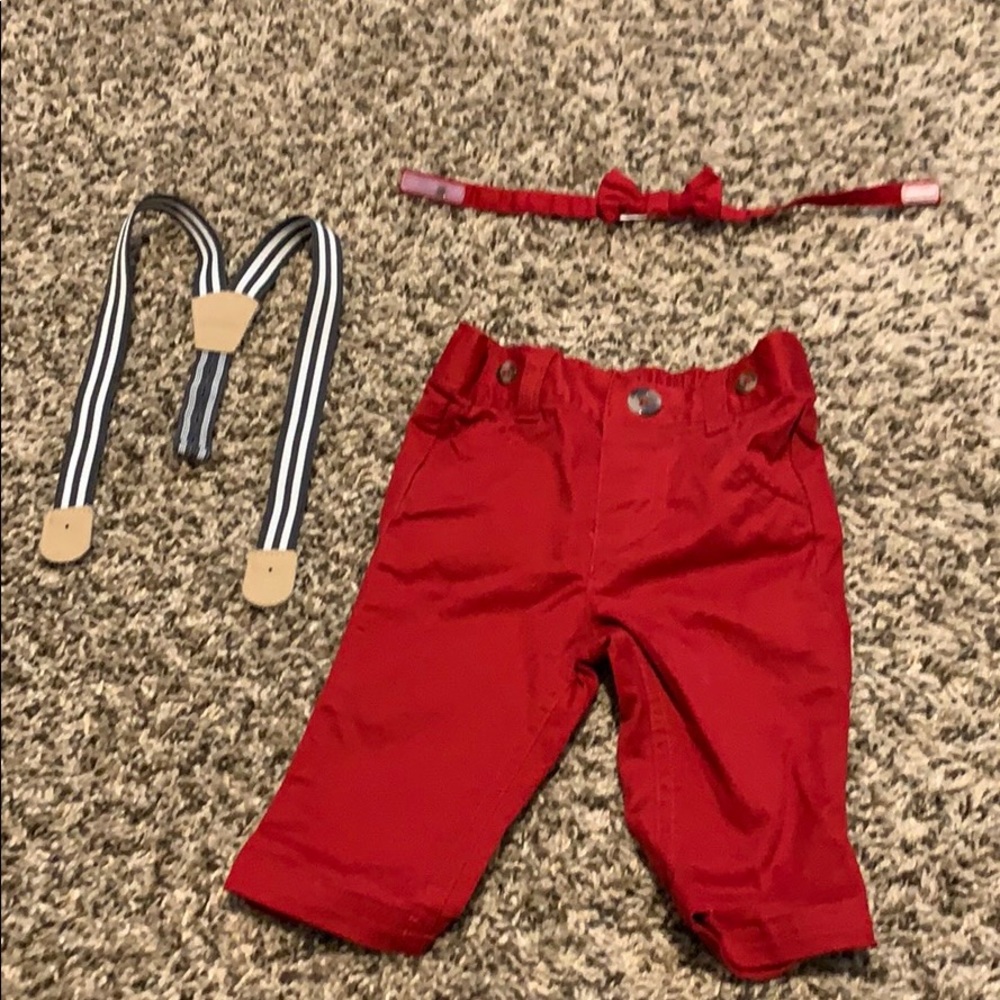 Red pants, overalls, and red bow tie!